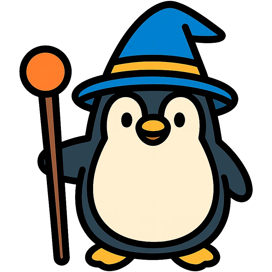 penguin wizard holding a staff, wearing a wizard hat, colored icon with black outlines emoji