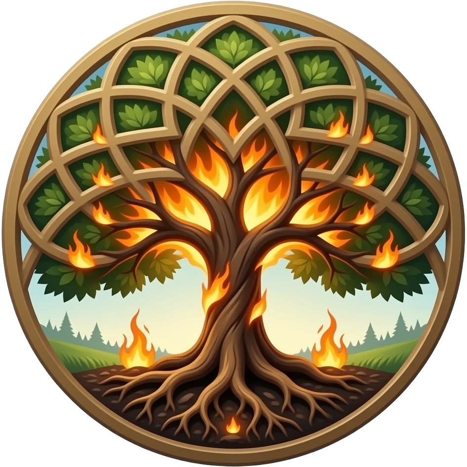 Tree of Life emblem, ancient symbol with halfway fire blazing up emoji