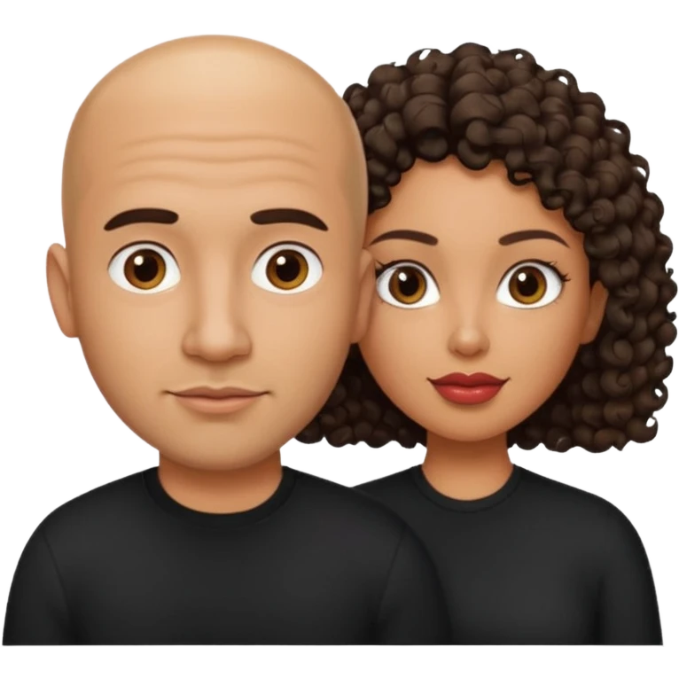A picture of a tanned couple. the man is a Mexican man with tanned skin, a bald hair cut, short beard and wearing a black shirt. the woman is mixed, with curly medium length hair, with big boobs and lips  emoji