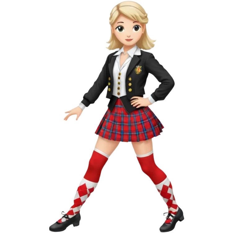 Highland dancing argyle just over the knee socks, blouse, highland dancing jacket, tartan miniskirt and highland dancing shoes emoji