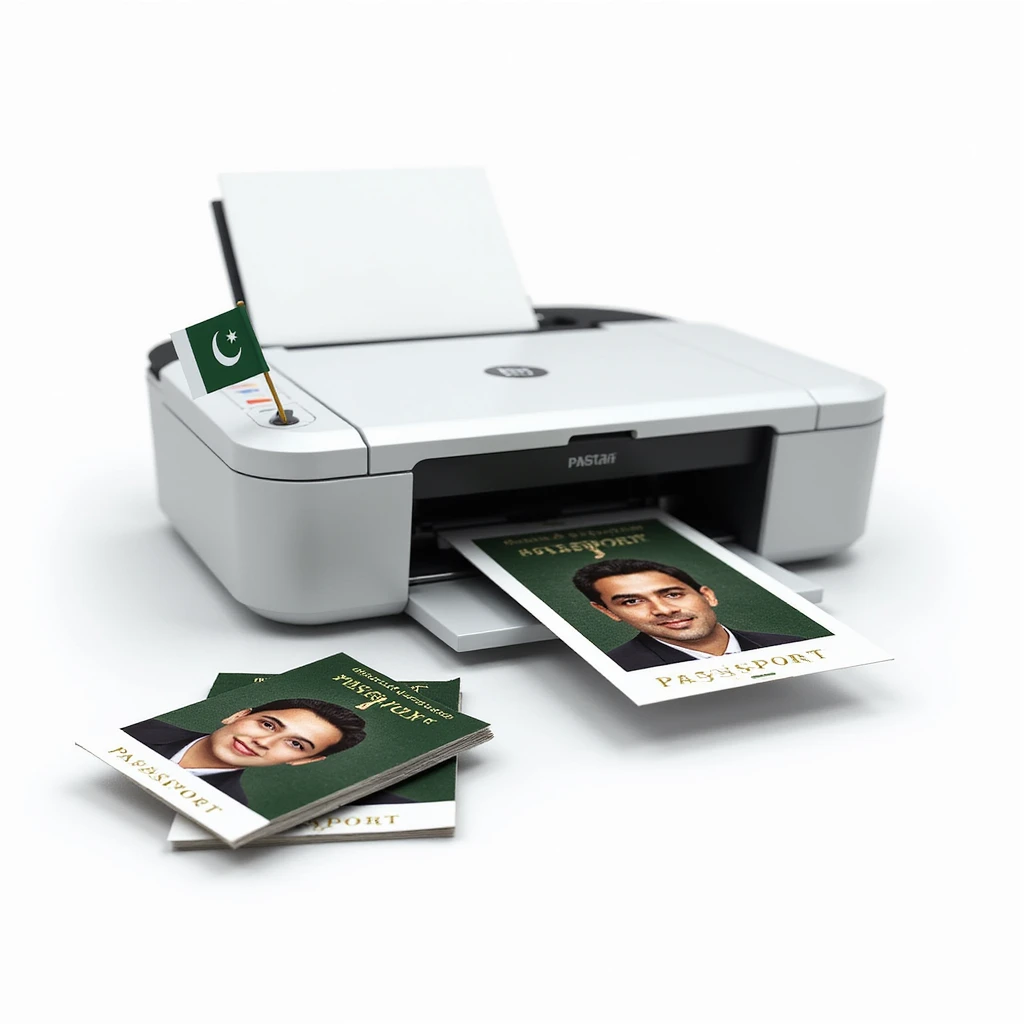 realistic thumbnail image for a Pakistani passport size photo print out service, showing a modern printer with several sheets of passport size photos and a stack of printed photos in the foreground, with a green accent or small Pakistani flag, white background emoji