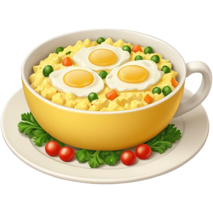 plate with scrambled eggs and veggies,  on the side coffee in cute mug emoji