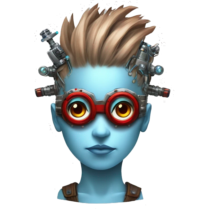 Light blue Mohawk hair female cyborg head with red steampunk goggles and circuits emoji