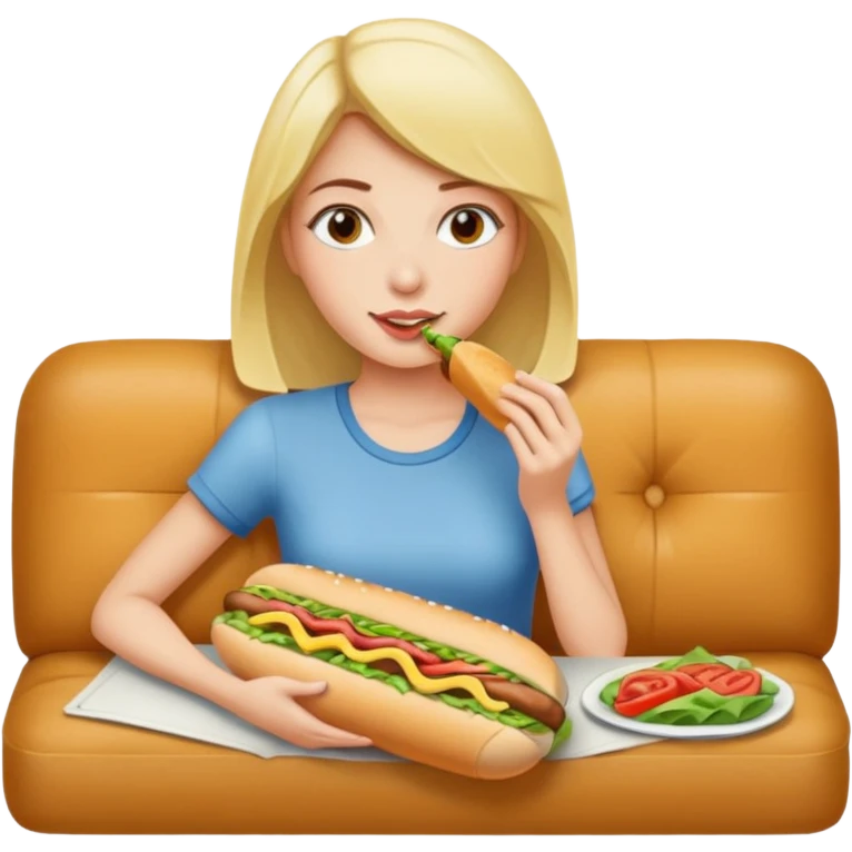A woman on couch eating a sub and coloring  emoji