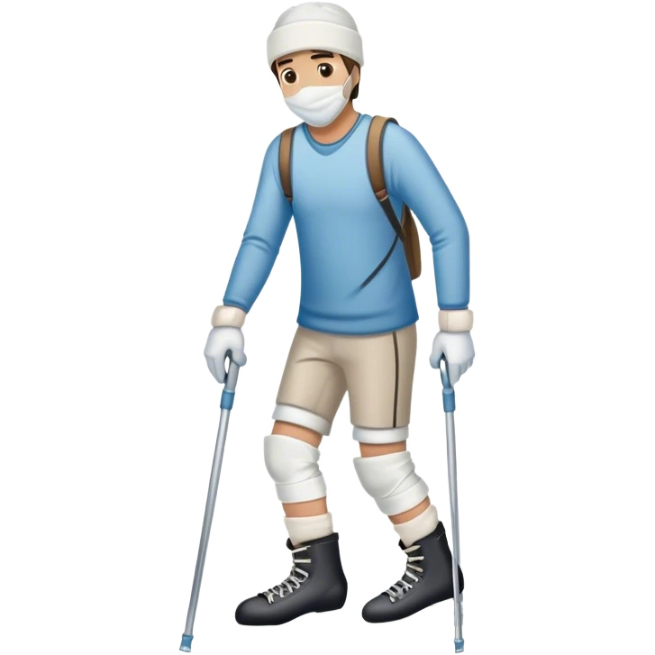una hombre con el pie vendado en  muletas para lesionados con unos patines de hielo en la mano y cara de lesión 
 emoji