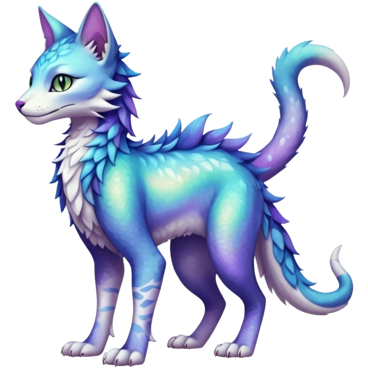 Kawaii iridescent beautiful pretty elegant divine edgy fantasy feline-vernid-sergal-fursona animal creature with a tufted tail full body with intricate markings  emoji