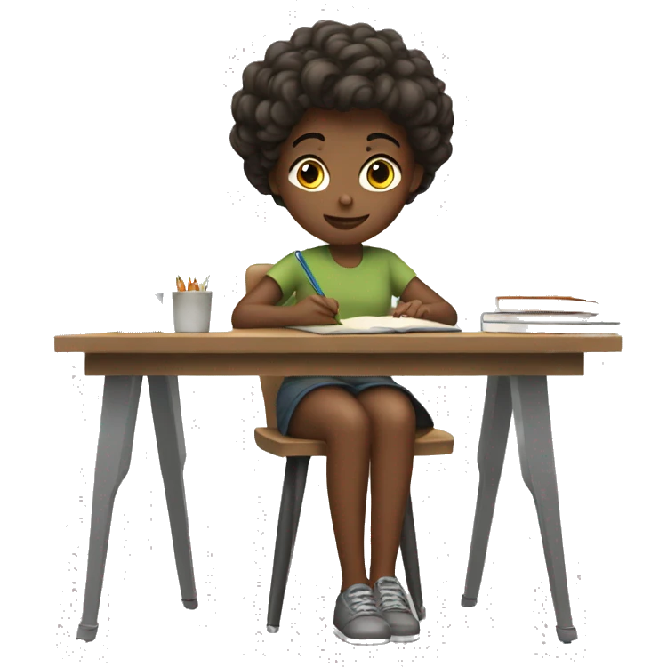a girl sitting at a desk writing emoji