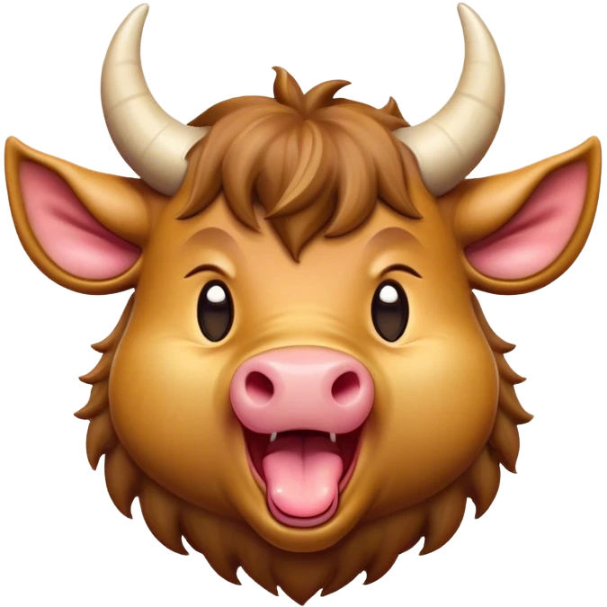 Cinematic Cute Yawning Domestic Ox Portrait Emoji, Head tilted slightly with a dramatic, wide-open yawn, showcasing a soft, textured hide with drooping horns and half-closed, drowsy eyes, Simplified yet irresistibly adorable features, highly detailed, glowing with a soft, cozy natural glow, high shine, relaxed yet expressive, stylized with a dash of pastoral whimsy, soft glowing outline, capturing the essence of a sleepy yet affectionate ox that seems ready to stretch out for a nap! emoji