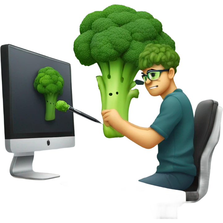 Generate a creative broccoli emoji sitting in front of a computer with a stylus, designing something on a screen. emoji
