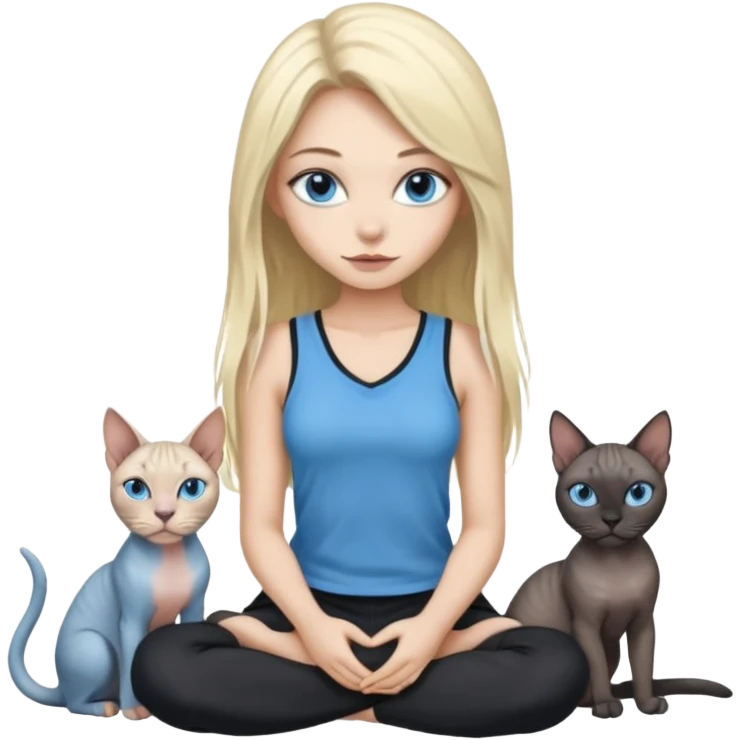 girl with long split-dye hair half blonde half black and blue eyes sitting with two grey sphynx cats emoji style emoji