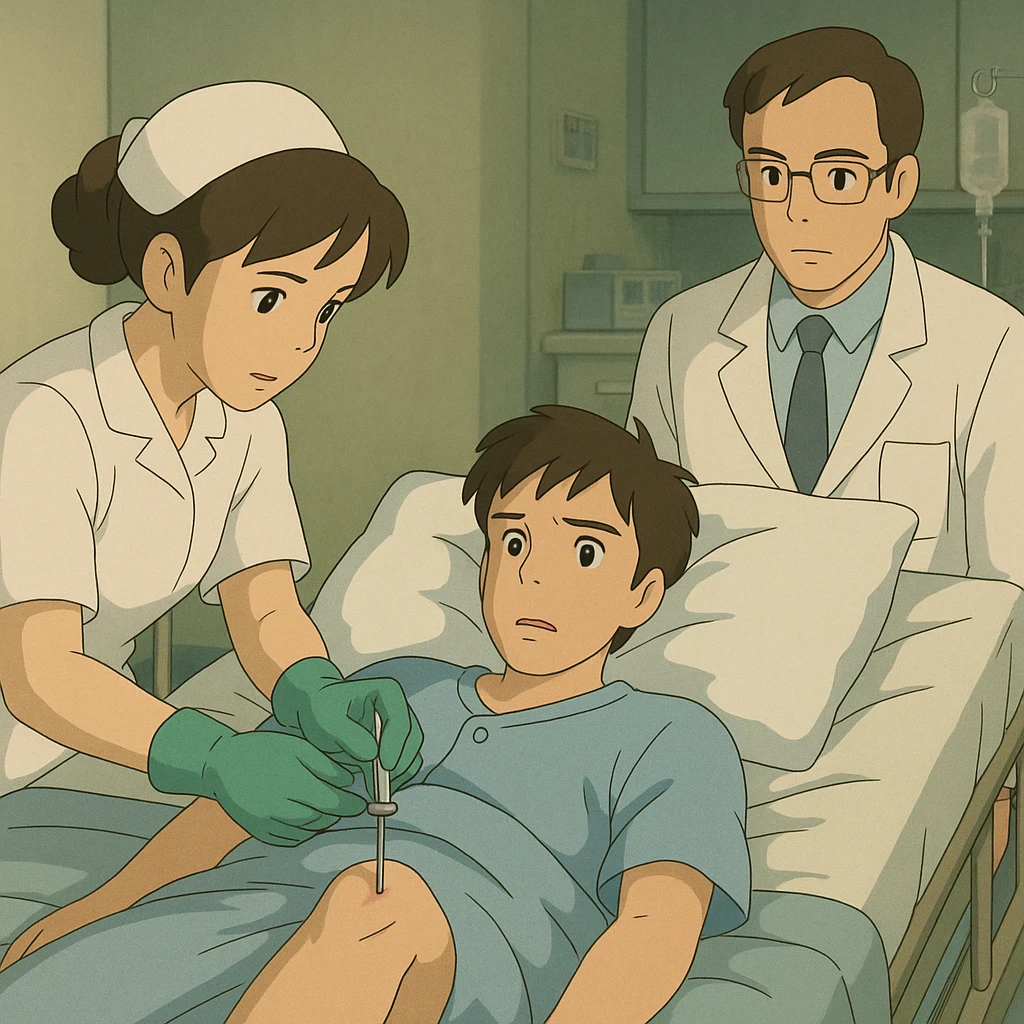 ghibli style intraosseous puncture procedure with needle inserted in tibia, hospital context emoji