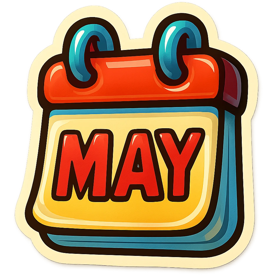 retro sticker style illustration of a small calendar page with a bold date or month, bold outlines, juicy colors, expressive shadows and highlights, playful and glossy look, fun and inviting emoji