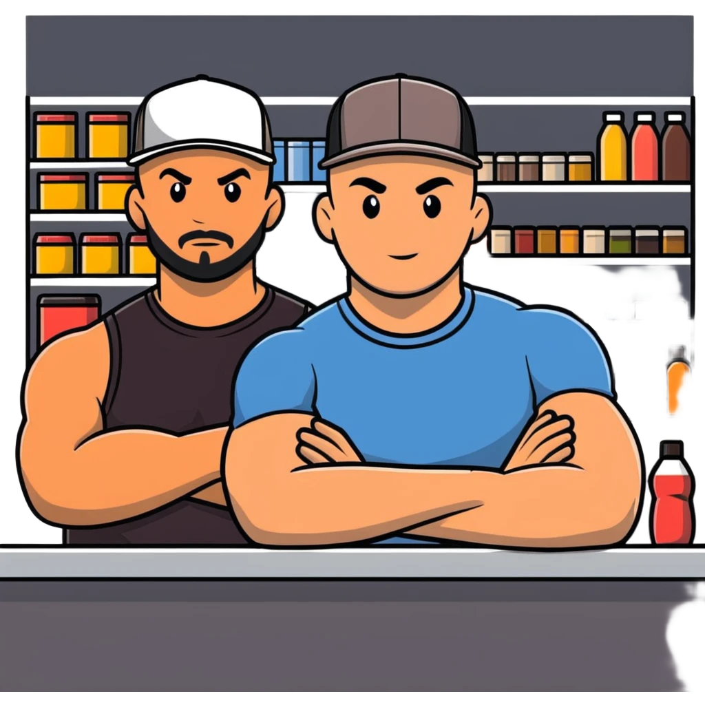 Bald heavyset Hispanic man, and a muscular bald guy in trucker hat standing at a counter in a store emoji