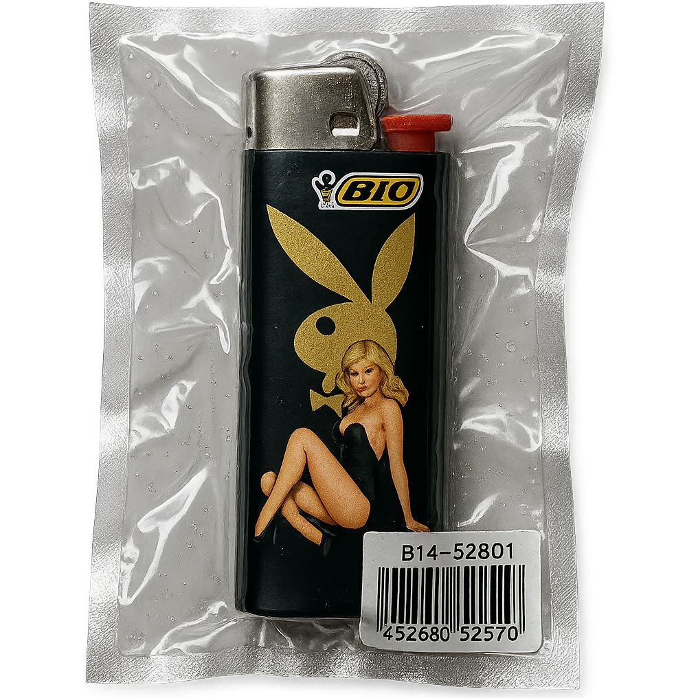 BIC lighter, glossy, with a black and gold Playboy Bunny logo and a pin-up model emoji