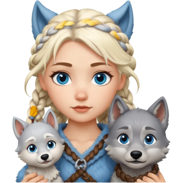 Viking platinum blonde girl with braid and blue eyes. Wolf pet emoji