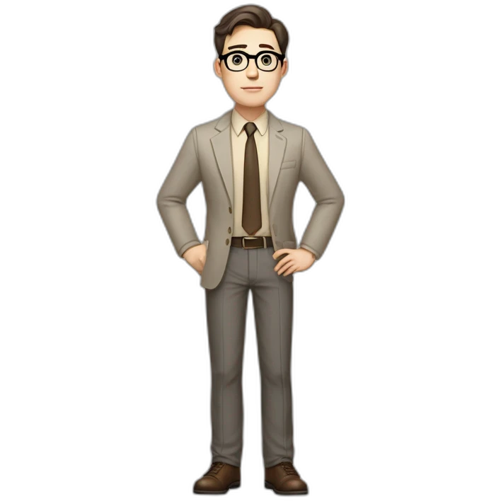 Full height Pale skinned Fit Man With dark brown hair in gray jacket, beige office shirt, tie, Brown pants and vintage glasses. Thrumbs of his palms directed up emoji