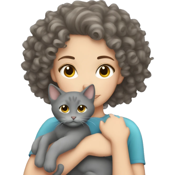 White Girl curly hair cuddling with grey cat emoji