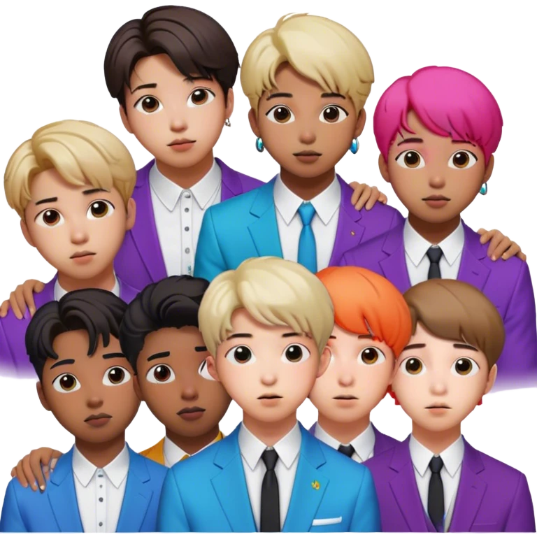 Cinematic Realistic group portrait of BTS featuring all 7 members in stylish modern attire, with detailed facial expressions and vibrant colors, captured in dynamic, contemporary lighting that emphasizes their global pop icon status emoji