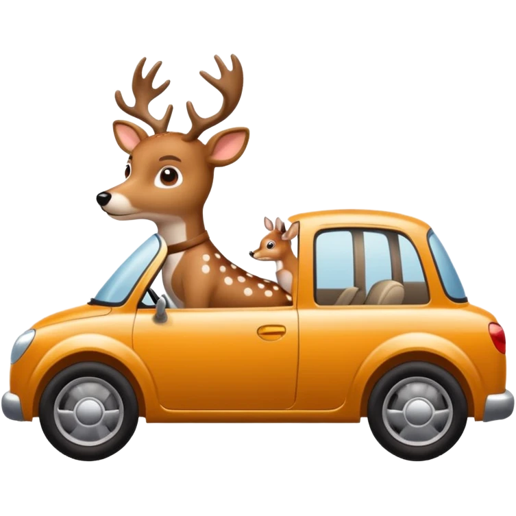 Dog with spots and brown face and tan deer looking legs driving a car emoji
