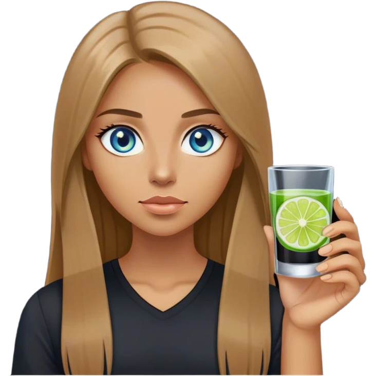 tan woman, black shirt, long light brown straight hair, grey blue eyes, holding a shot with lime emoji