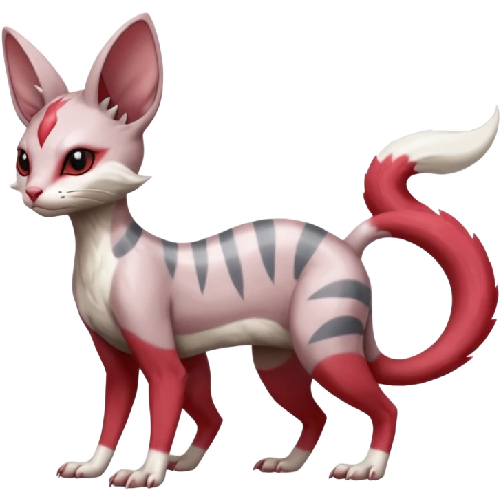 Minccino-Lykoi-Emolga-Sphynx-Zangoose-fusion-hybrid-animal-Fakémon-creature, full body, thin long sleek scaly tail, intricate markings emoji