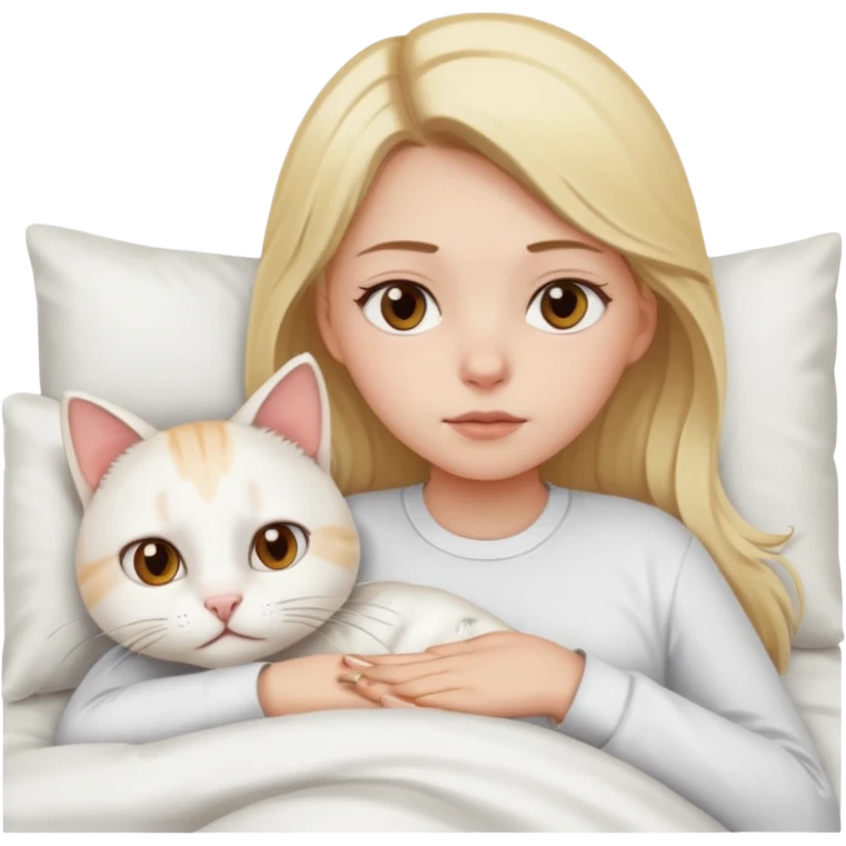 They recreate a photo of a blonde girl with light brown eyes, lying in bed sick with the flu, with her cat white nearby. emoji