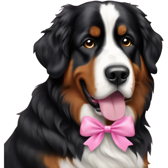 Bernese mountain dog standing with pink bow emoji