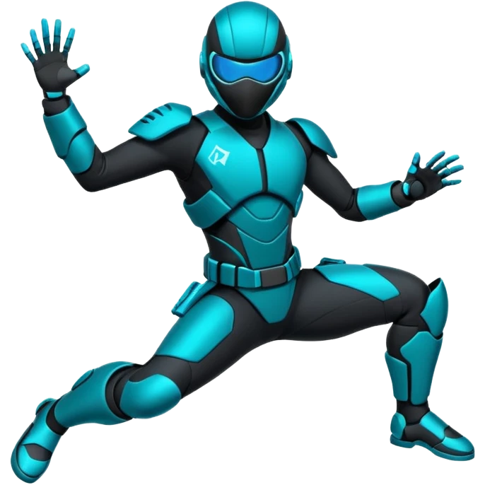 ​"Flat vector sticker, agile cyber-ninja character in a dynamic leap, teal and black tech-suit, glowing accents, die-cut white outline, isolated on white." emoji