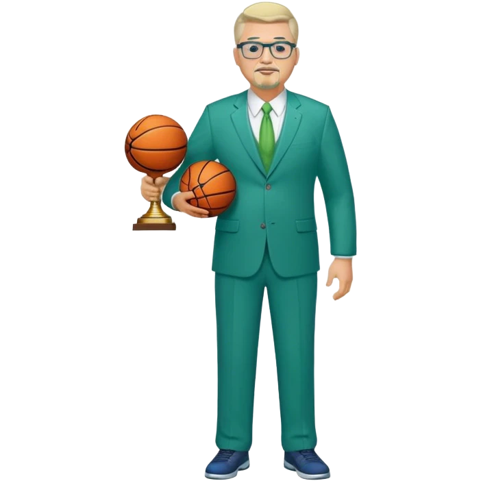 Full Body white middle aged male plus size wearing glasses with a goatee with light blonde and gray very short hair basketball head Coach in blue and green suit holding trophy emoji
