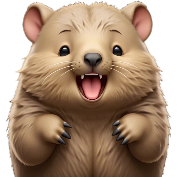 Cinematic Cute Yawning Wombat Portrait Emoji, Head tilted slightly with a dramatic, wide-open yawn, showcasing a soft, downy shaggy brown fur with drooping ears, round eyes barely open in drowsy contentment, Simplified yet irresistibly adorable features, highly detailed, glowing with a soft, cozy glow, high shine, relaxed yet expressive, stylized with a touch of rustic charm, bright and endearing, soft glowing outline, capturing the essence of a sleepy yet affectionate wombat, so drowsy it feels like it could stretch out of the screen and curl up for a nap! emoji