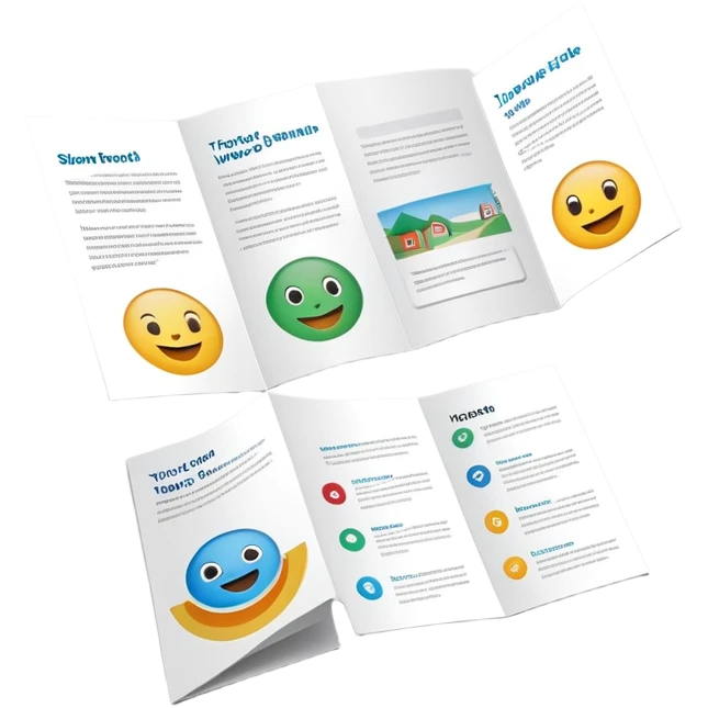 tri-fold brochure opened, with simple layout lines and image placeholders. emoji