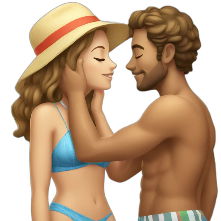 with beach clothes young metis man and white woman kiss love emoji