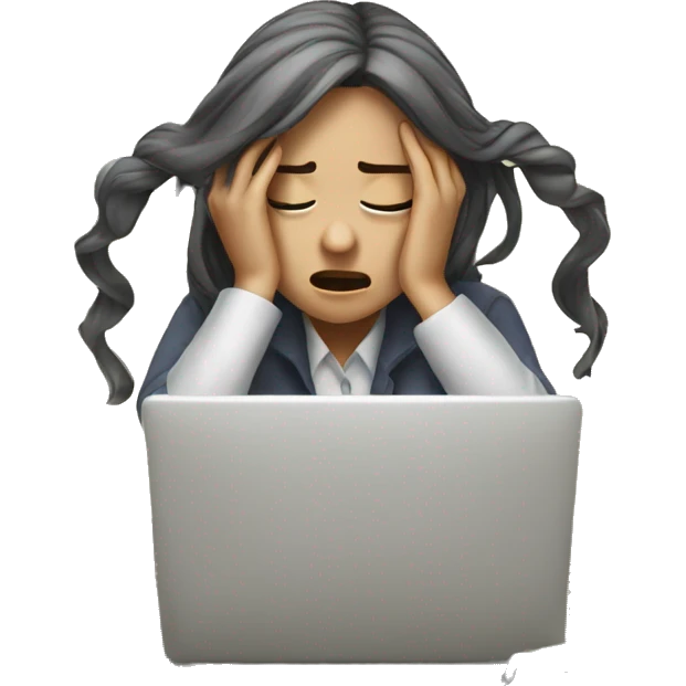 girl frusturated at her desk with hands on her head, 3/4 prespective emoji
