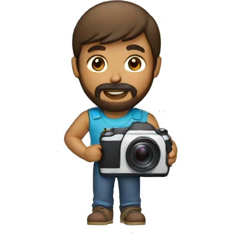 brown guy with mullet and beard holding a photo camera emoji