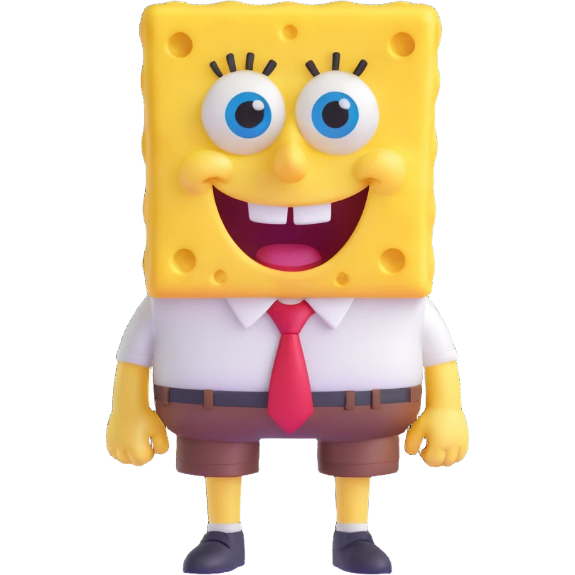 SpongeBob SquarePants, 3D emoji style, smiling, yellow sponge, blue eyes, white shirt, red tie, brown shorts emoji