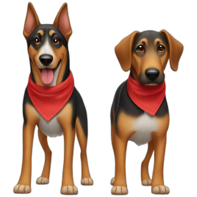 coonhound and German shepherd mix dog wearing red bandana and walking left emoji