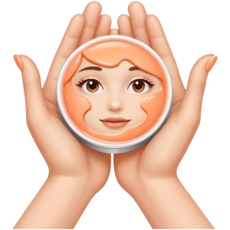 Minimal emoji of 2 hands gently applying skincare cream, soft nude and peach tones, clean beauty aesthetic, calm and elegant, subtle glow emoji
