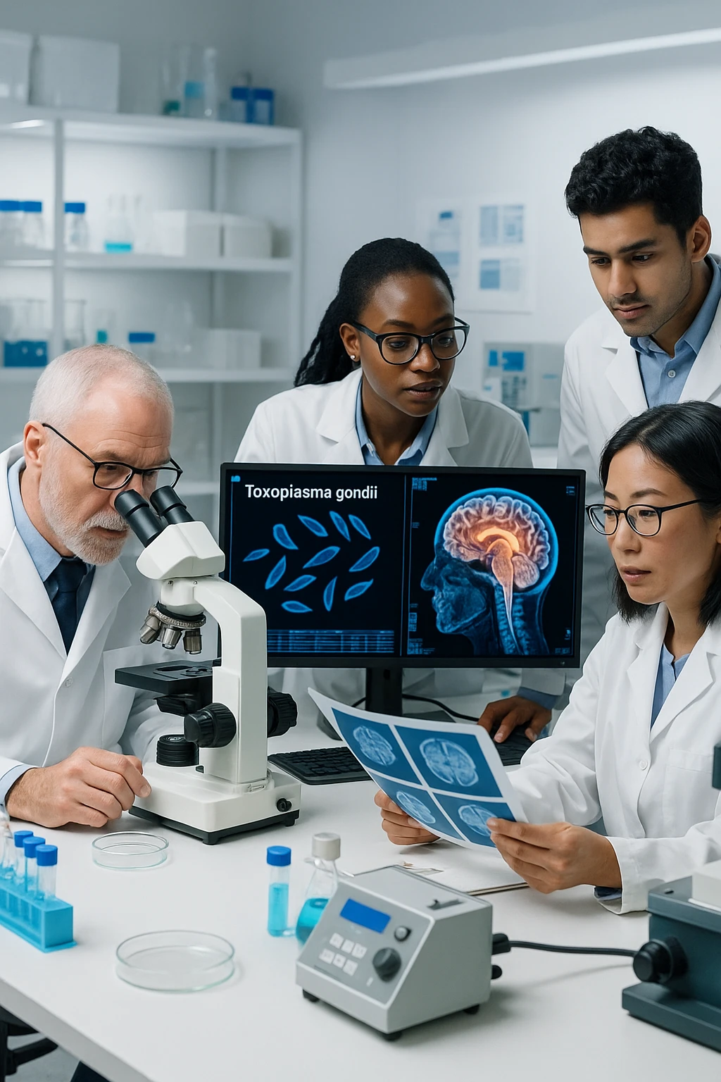scienziati che studiano il toxoplasma gondii e le reazioni al cervello su umani emoji