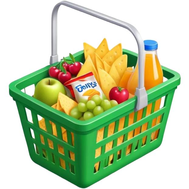 green grocery basket filled with chips, crackers, fruits, juice, isometric 3d realistic, colorful emoji