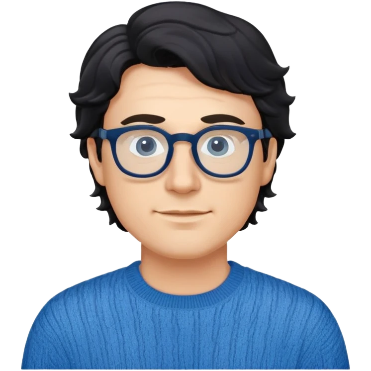 Caucasian male with wavy black hair wearing eyeglasses and a blue long sleeve pullover sweater emoji