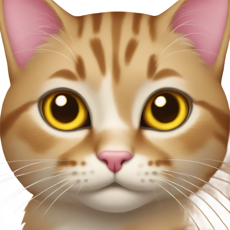 Cat with yellow nose black whiskers and a pink brown on her left ear emoji