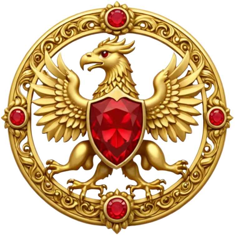 Golden griffin crest / brosch in a circle with red gems and no background emoji