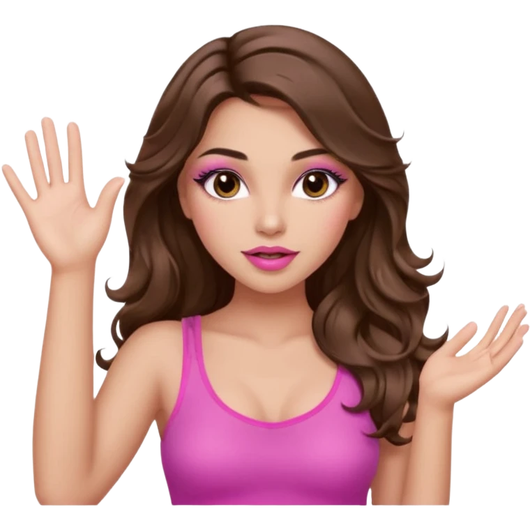 girl with long wavy brown hair, brown eyes, long lashes makeup, sexy pink lips, light to medium complexion, wearing a pink sexy top, one hand in the air high emoji