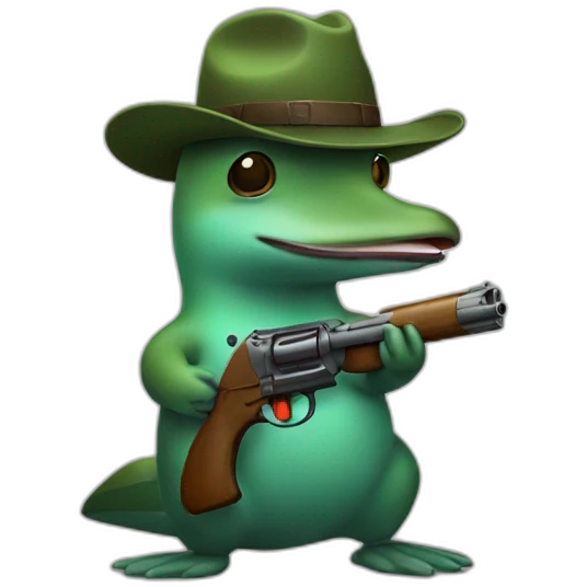 Green Platypus wearing a hat and holding a gun emoji