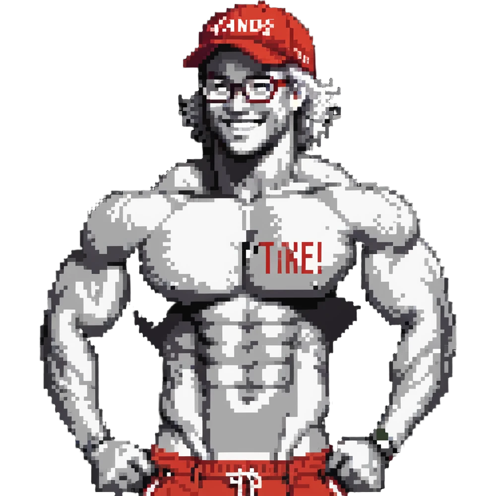 Thin man with defined muscles, black and white cap with VANOMAS text, bare torso, red shorts, clear glasses, messy light hair, flexing and smiling emoji