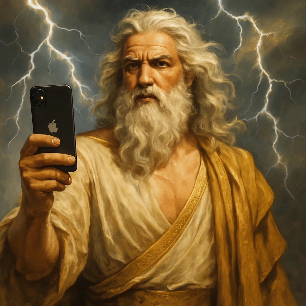 Zeus, the Greek god, holding an iPhone, visually striking style emoji
