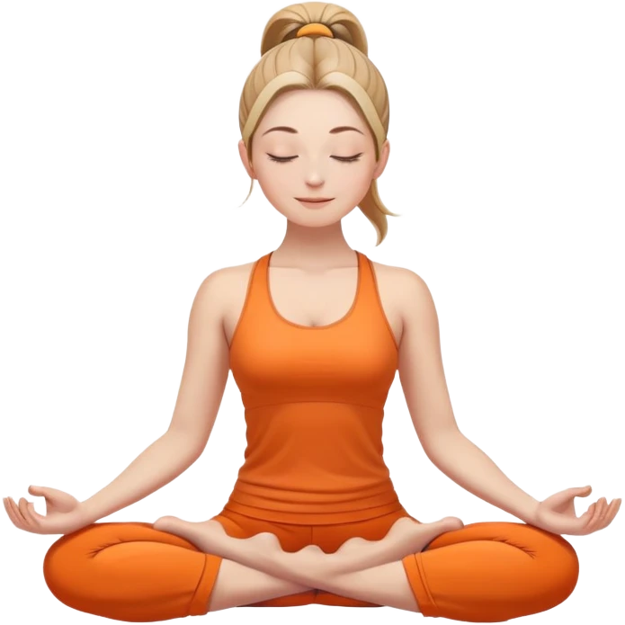 white woman with ponytail hairstyle in lotus position meditation yoga pose, closed eyes with a gentle smile, wearing orange yoga outfit emoji