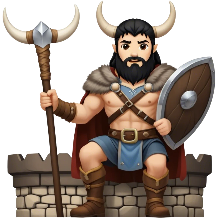 vikingo, con cuerno de vaca, pelo negro, parado en torre de Asgard. emoji
