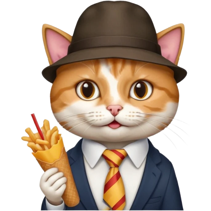 fast food eating cat waring tie and hat  emoji