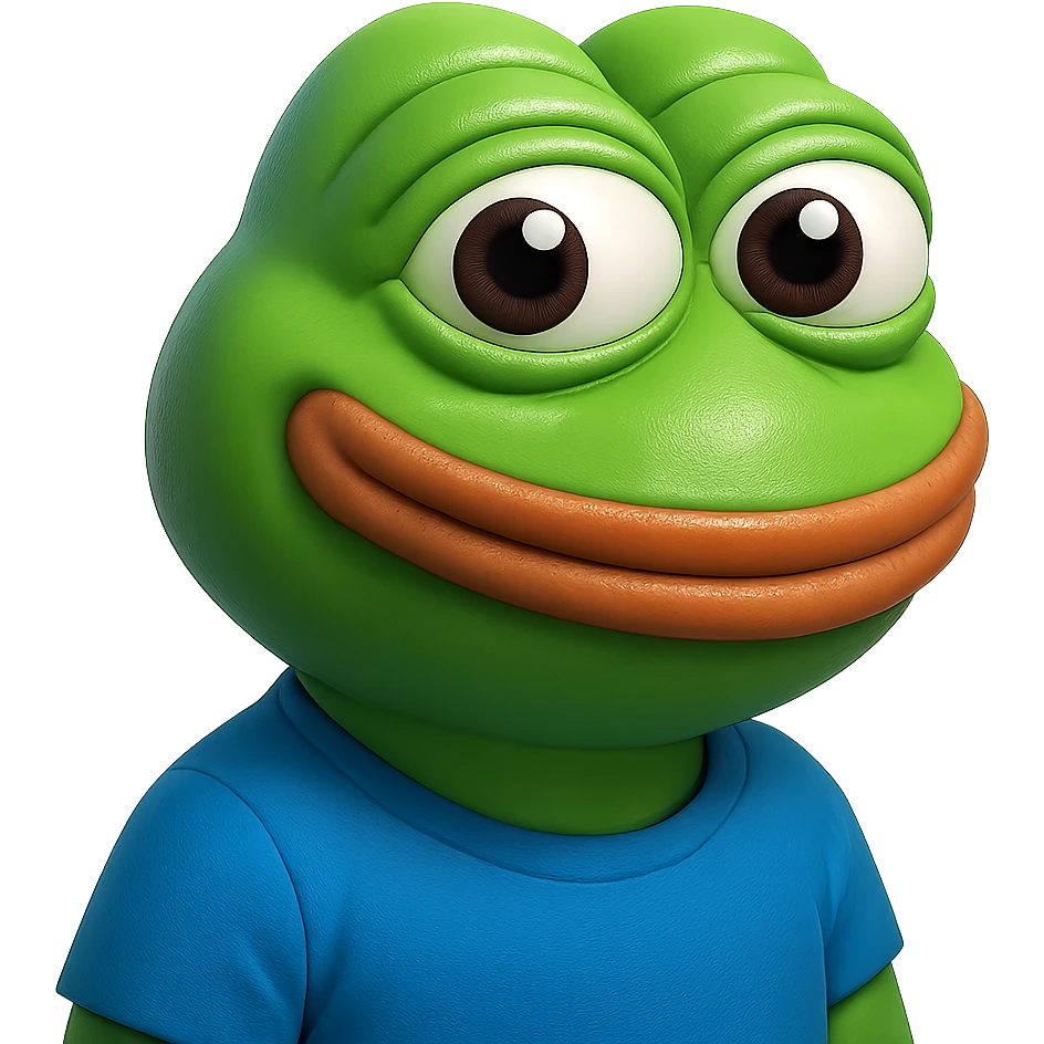 pepe in
- 3d style
- bright green
- blue shirt
- smiling
- looking straight at the camera
- good highlights and shadows
- 30deg angled towards the right emoji